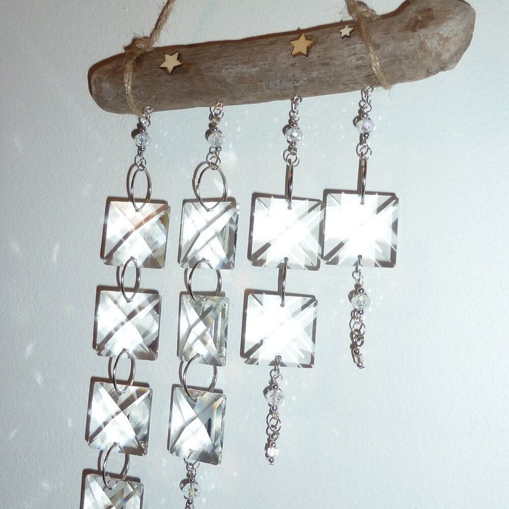 Suncatcher D Treated driftwood, cut glass pieces and Swarovski crystals